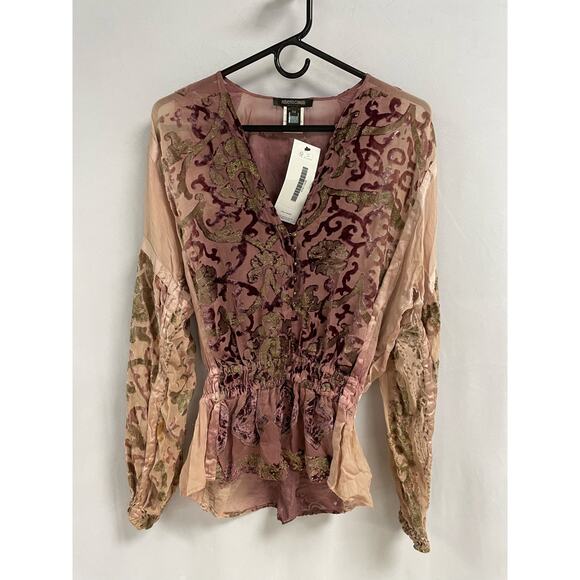 ROBERTO CAVALLI Burnout Velvet Baroque Silk Blend Blouse Pink Gold Women's XS - Picture 1 of 16